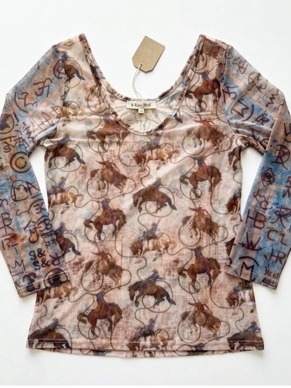 NWT A RARE BIRD BUCKING COWBOY MESH TOP Sz L/XL